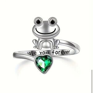 3/$25 Frog and Green Faux Emerald Heart Adjustable Open Ring “Love You Forever”